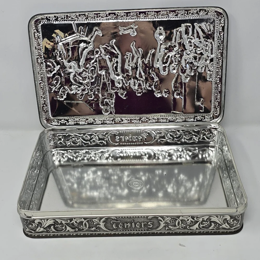 Vtg Teniers 3D tin box dancing socializing florentine biscuit‎ cookie box